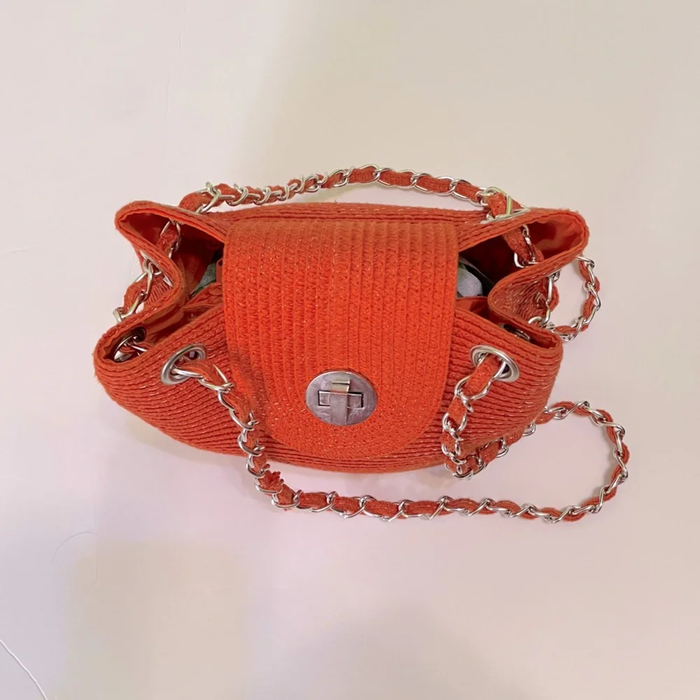 Kim Rogers Orange Woven Paper Straw Shoulder Bag Crossbody Silver Chain Straps